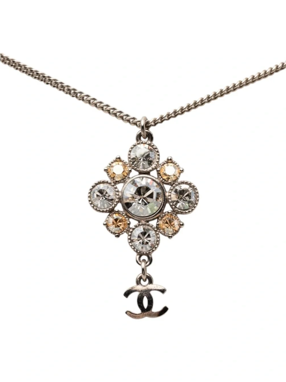 CHANEL Crystal Cluster Pendant Necklace with Logo Charm - Silver Tone